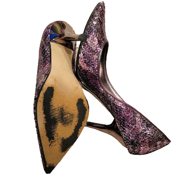 2/$18 Guess d'Orsay Purple Snakeskin Sequined Pointed Toe Heels Stilettos 6 M - Picture 10 of 15